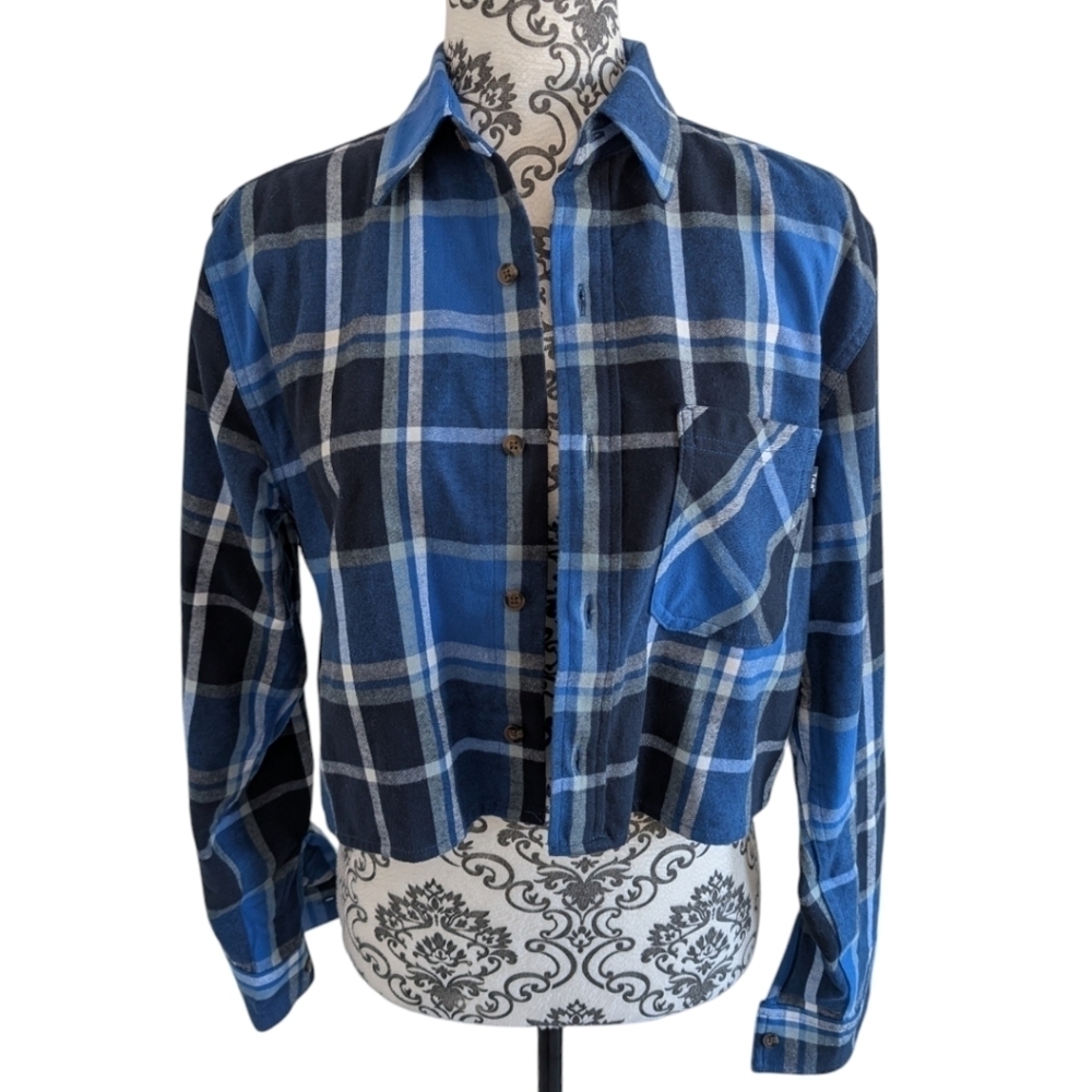 Aritzia TNA Plaid Flannel Shirt XS Black Blue Button Up Cotton Grunge - Picture 4 of 14